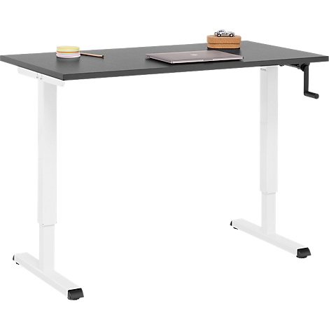 Bureau réglable en hauteur avec plateau gris, cadre blanc et manivelle.