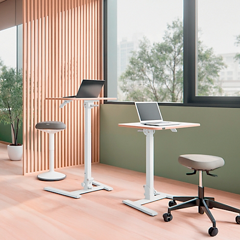 Bureau avec bureaux et chaises réglables en hauteur ; des ordinateurs portables sont posés sur les tables. Intérieur lumineux, grande vue sur la fenêtre.