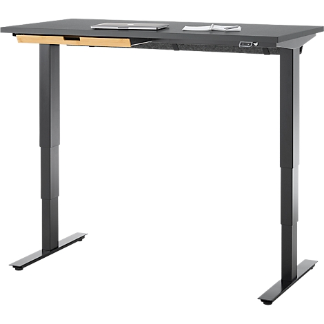 Bureau met bamboe accessoirelade & kabelgoot van gerecycled vilt, elektrisch in hoogte verstelbaar, B 1300 x D 650 x H 605-1265 mm, grafiet/zwart