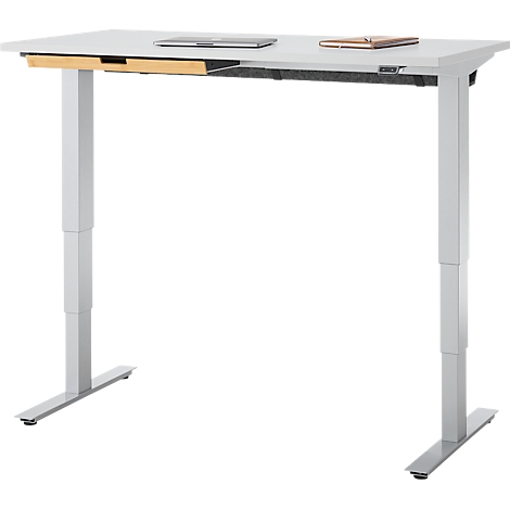 Bureau met bamboe accessoirelade & kabelgoot van gerecycled vilt, elektrisch in hoogte verstelbaar, B 1300 x D 650 x H 605-1265 mm, lichtgrijs/zilver