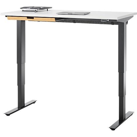 Bureau met bamboe accessoirelade & kabelgoot van gerecycled vilt, elektrisch in hoogte verstelbaar, B 1300 x D 650 x H 605-1265 mm, wit/zwart