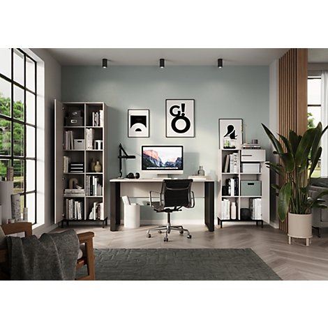 Un espace de bureau moderne avec un bureau, des bibliothèques, des plantes, des œuvres d'art et une chaise de bureau.