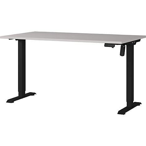 Un bureau réglable en hauteur avec un plateau gris et des pieds noirs. Il y a une commande sur la droite.