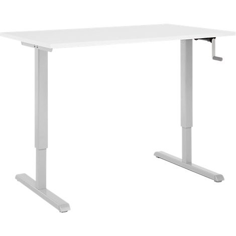 Bureau blanc réglable en hauteur avec une manivelle sur le côté. Pieds gris, plateau carré.