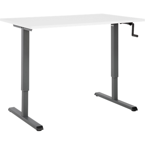 Bureau blanc réglable en hauteur avec cadre gris et manivelle.