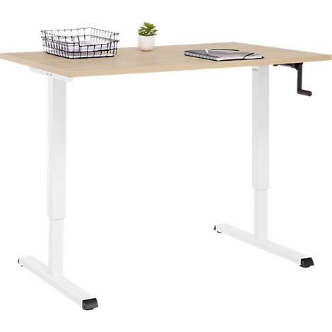 Bureau lumineux et réglable en hauteur avec cadre blanc et plateau en bois. Plantes, bloc-notes et corbeille en fil de fer sur le plateau.
