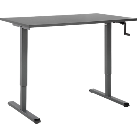 Bureau gris réglable en hauteur avec manivelle, sur fond blanc.