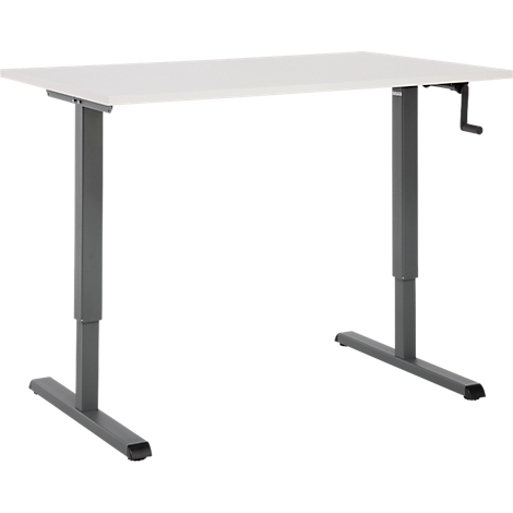 Bureau blanc réglable en hauteur avec pieds gris et une manivelle sur le côté.