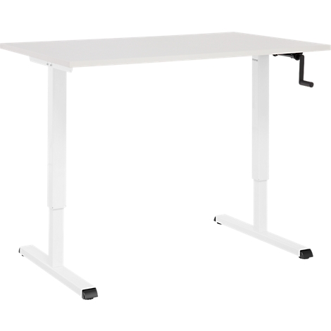 Bureau blanc réglable en hauteur avec manivelle. Les pieds sont blancs et le dessus est rectangulaire.