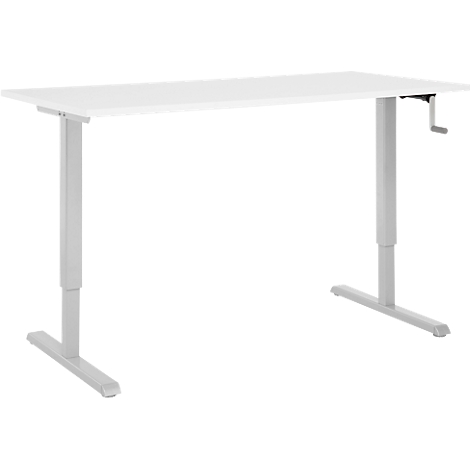 Un bureau blanc réglable en hauteur avec des pieds gris et une manivelle pour le réglage en hauteur.