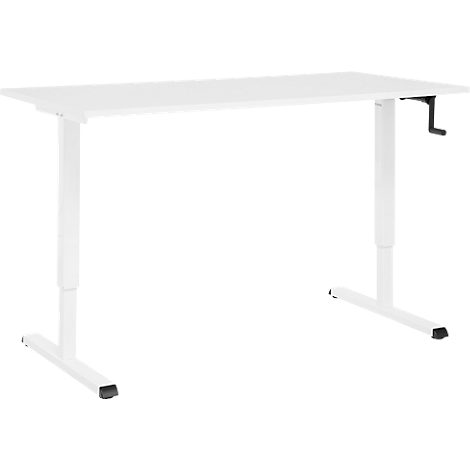 Un bureau blanc réglable en hauteur. Une manivelle est fixée sur le côté pour le réglage de la hauteur.