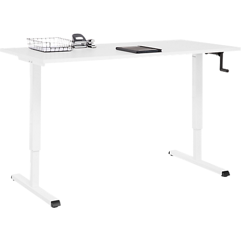 Bureau blanc réglable en hauteur avec manivelle, corbeille de rangement et tablette.