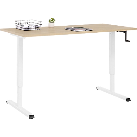 Bureau réglable en hauteur, plateau clair, cadre blanc, manivelle à droite, accessoires.
