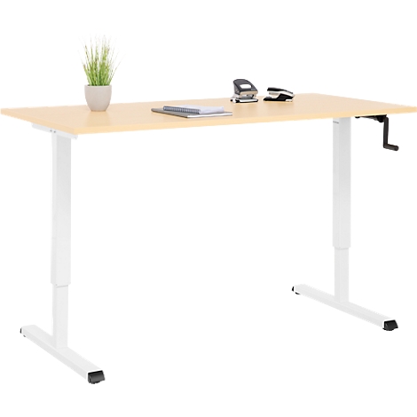 Un bureau à hauteur réglable avec un dessus en bois clair et des pieds blancs. Sur le dessus se trouvent une plante, des dossiers et une agrafeuse.