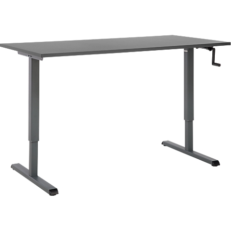 Bureau gris réglable en hauteur avec manivelle et plateau rectangulaire. Deux pieds en forme de T.