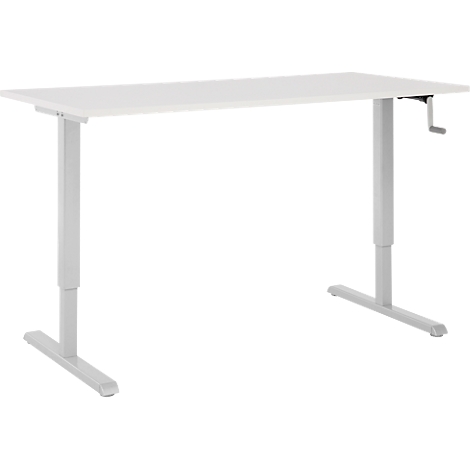 Bureau blanc réglable en hauteur avec manivelle. Plateau, cadre et manivelle en différentes nuances de gris.