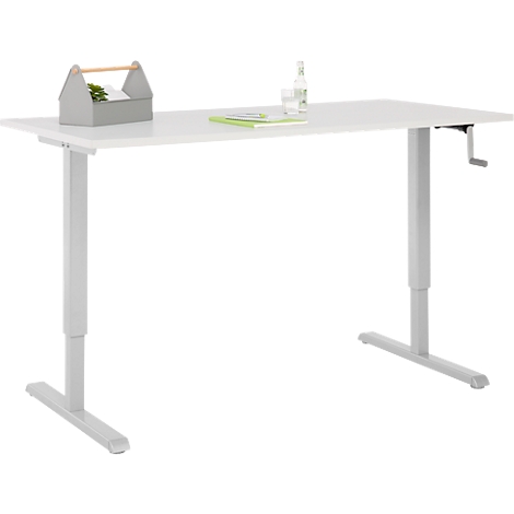 Un bureau blanc réglable en hauteur avec des pieds gris et une manivelle.
