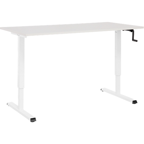 Bureau blanc réglable en hauteur. Le plateau et le cadre sont blancs, avec une manivelle noire.