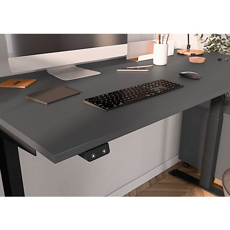 Bureau Porto, hauteur réglable électriquement, piétement en T, L 1400 x P 800 x H 720-1200 mm, graphite/noir + panneau USB à mémoire de forme