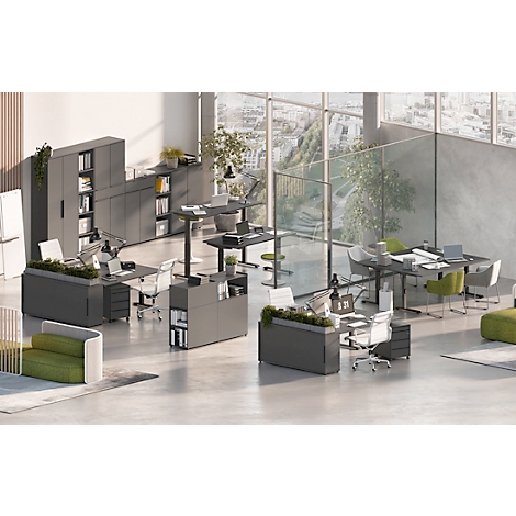 Bureau Porto, hauteur réglable électriquement, piétement en T, L 1400 x P 800 x H 720-1200 mm, graphite/noir + panneau USB à mémoire de forme