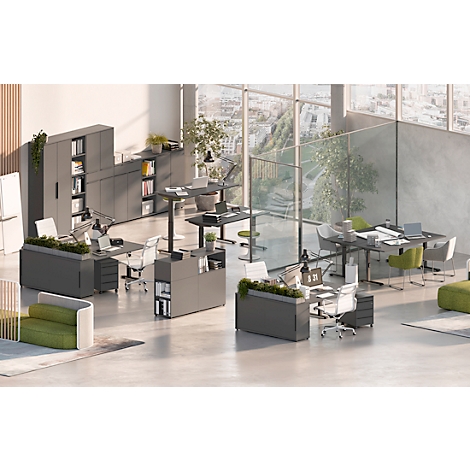 Bureau Porto, hauteur réglable électriquement, piétement en T, L 1600 x P 800 x H 720-1200 mm, graphite/noir + panneau USB à mémoire de forme