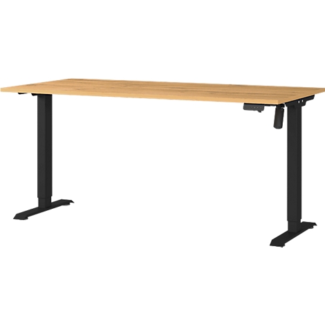 Bureau réglable en hauteur. Plateau de table couleur bois, pieds noirs, commandes à droite.