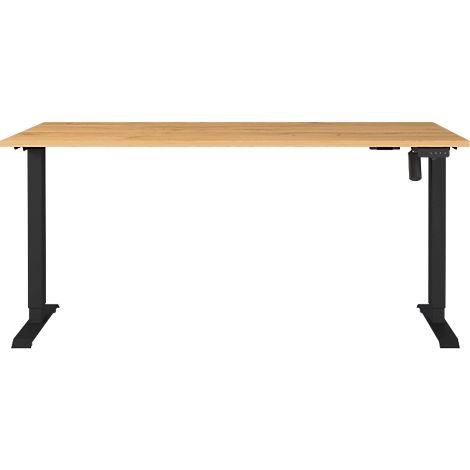Un bureau réglable en hauteur en bois clair avec des pieds noirs.