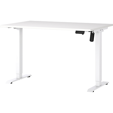 Bureau blanc réglable en hauteur sur fond blanc. Un panneau de commande se trouve à droite.