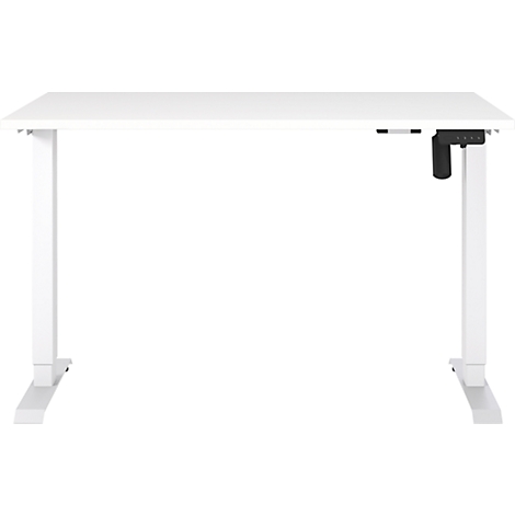 Bureau blanc réglable en hauteur avec commandes noires. Se tient sur un sol blanc.