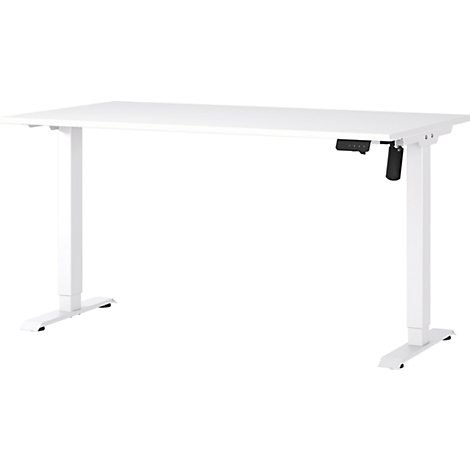 Bureau blanc réglable en hauteur. Il possède deux pieds qui peuvent être levés et abaissés électriquement via une commande.