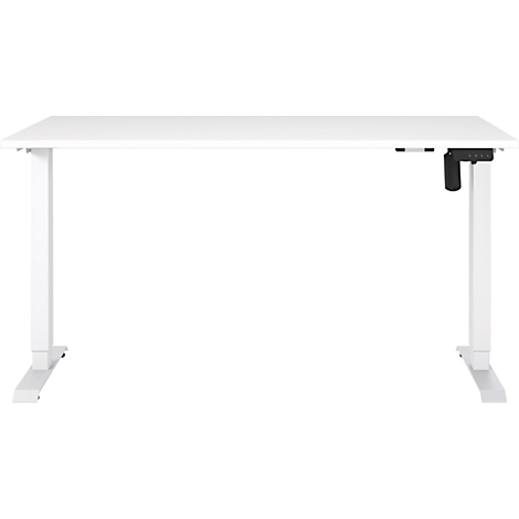 Bureau blanc réglable en hauteur, vue en biais.