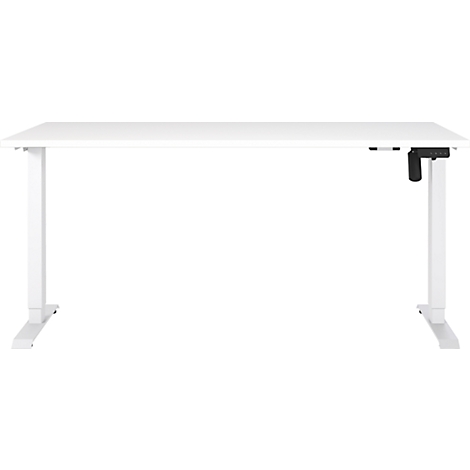 Bureau blanc réglable en hauteur. Le bureau est rectangulaire et possède deux pieds reliés au levier.
