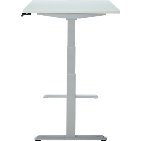 Staande bureau in grijs. Rechthoekig, wit tafelblad. Kolom met twee dwarsbalken. Rechthoekige voet.