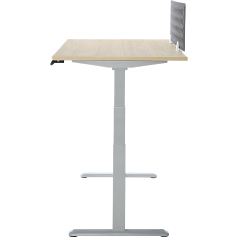 Lichtbruine, in hoogte verstelbare bureau; rechthoekig tafelblad met grijs frame en anti-verblindingsscherm.