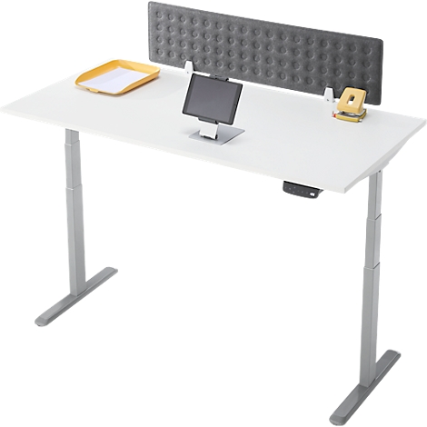 Witte in hoogte verstelbare bureau met grijs frame, tablet, documentenbak en akoestisch paneel.