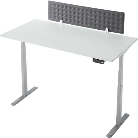 Een witte, in hoogte verstelbare bureau met een grijze scheidingswand met ronde knoppen.