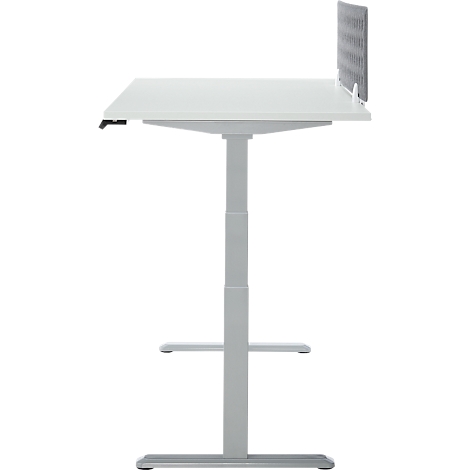 Een in hoogte verstelbaar bureau in lichtgrijs. Het tafelblad is wit, met rechts een grijs scherm.