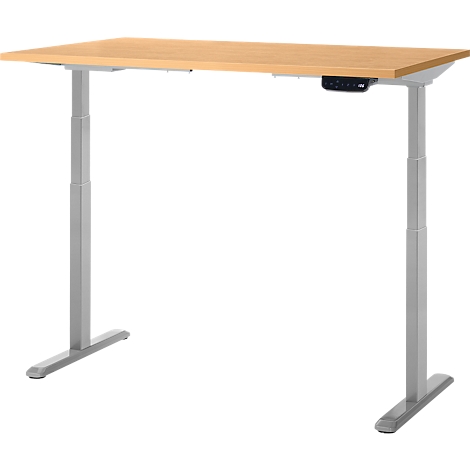 Bureau réglable en hauteur, brun clair, avec pieds argentés et panneau de commande.
