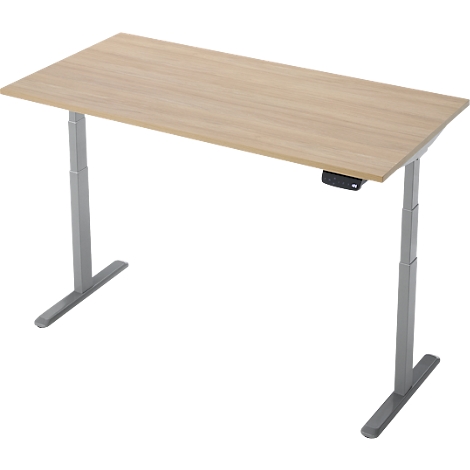 Un bureau réglable en hauteur avec un plateau en bois clair et des pieds argentés. Un panneau de commande est situé sous le plateau.