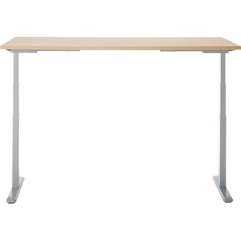 Bureau brun clair avec des pieds gris clair. La table est réglable en hauteur et photographiée sur fond blanc.