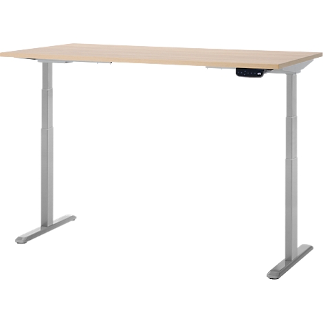 Un bureau réglable en hauteur avec un plateau brun clair et des pieds argentés, panneau de commande.