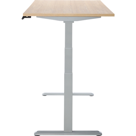 Bureau clair et réglable en hauteur avec plateau rectangulaire. Cadre gris avec deux entretoises.