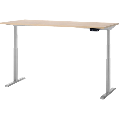 Bureau réglable en hauteur de couleur claire sur fond blanc, avec panneau de commande.