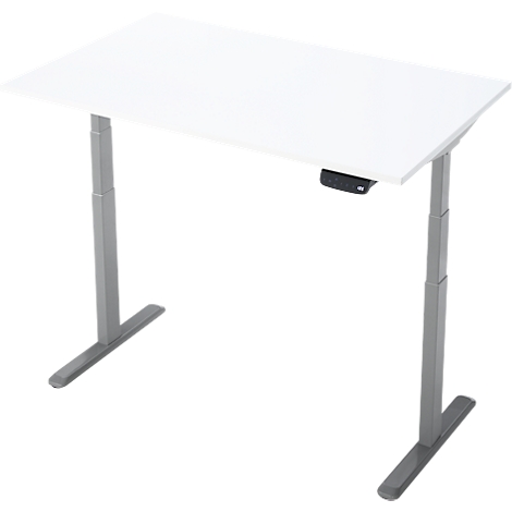 Un bureau blanc réglable en hauteur avec des pieds gris. Il y a une console de commande sur le plateau de la table.