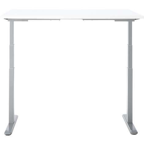 Un bureau blanc réglable en hauteur. Deux pieds gris, pied rectangulaire, avec un plateau blanc.
