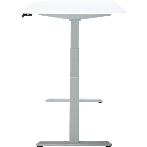 Bureau réglable en hauteur, plateau blanc, cadre gris.