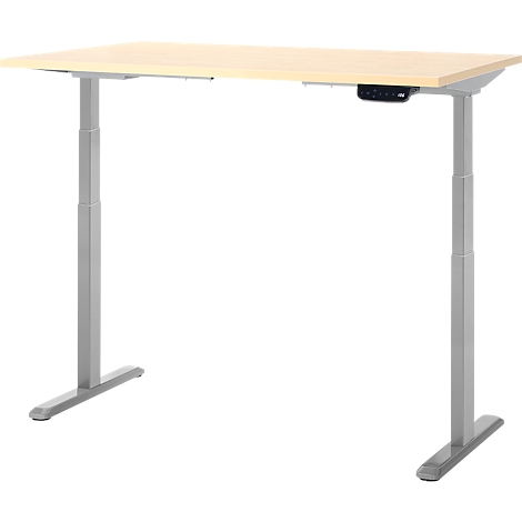 Bureau beige réglable en hauteur avec pieds argentés. Il y a un petit panneau de contrôle en haut à droite.