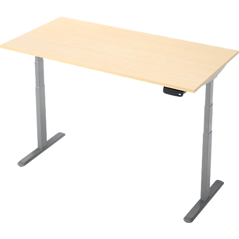 Un bureau réglable, plateau de table brun clair, pieds argentés, panneau de contrôle noir.