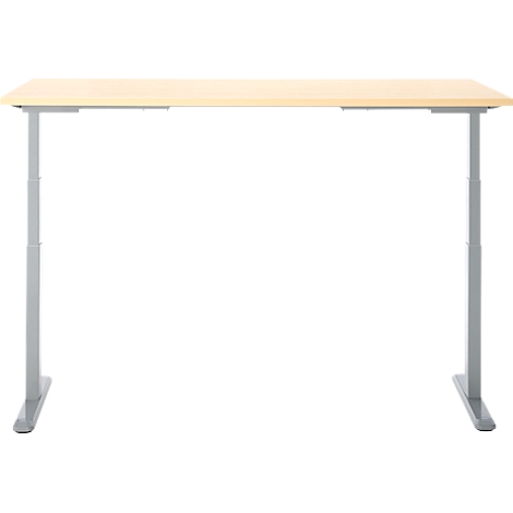 Bureau brun clair avec des pieds argentés réglables.