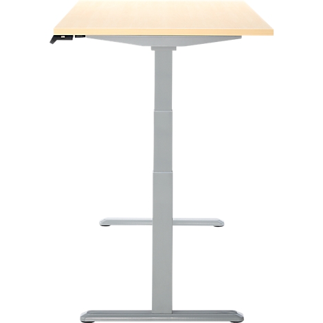 Bureau debout avec plateau clair et cadre gris.